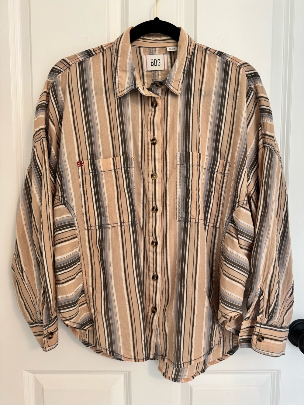 BDG Urban Outfitters Striped Cotton Button Front Shirt XS Tan Blue Oversized